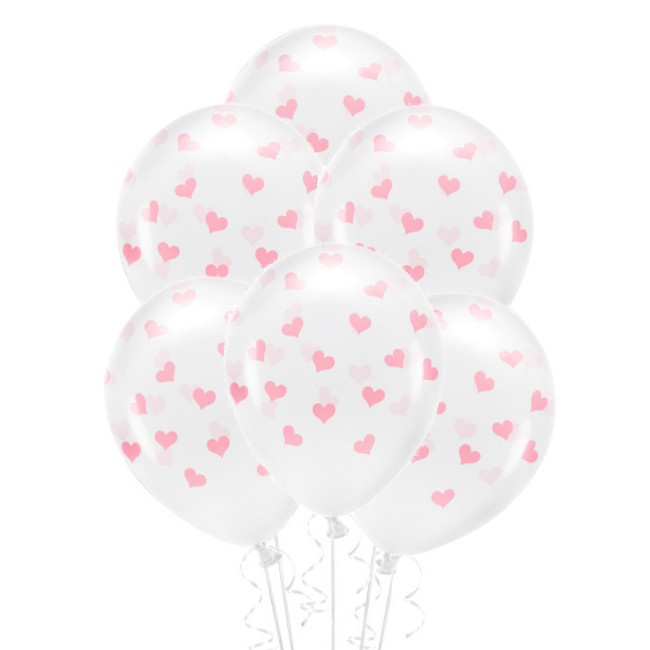 Transparante latex ballonnen met hartjes 33 cm biologisch afbreekbaar - PartyDeco - 6 stuks