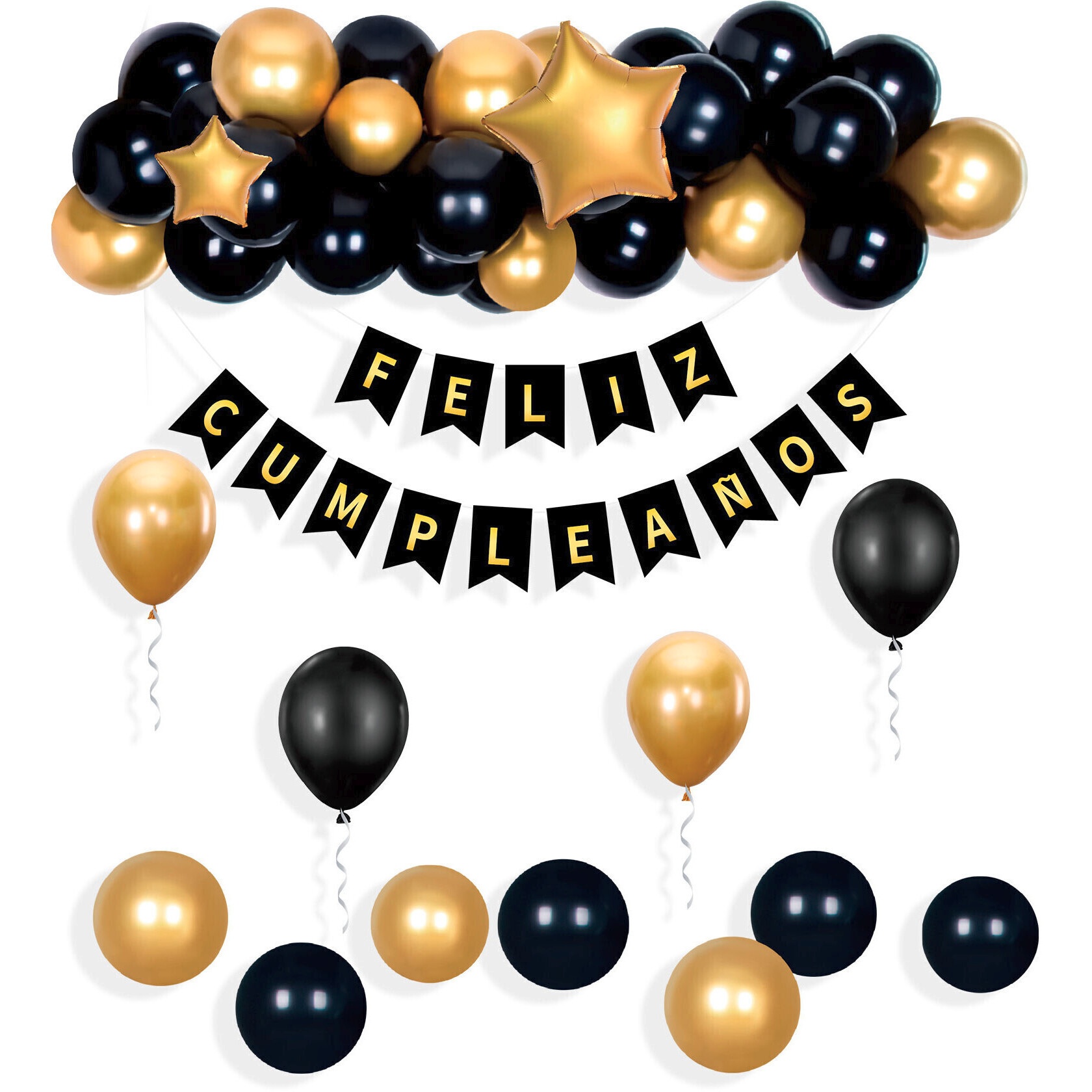 Slinger van ballonnen en vlaggetjes met metallic tekst