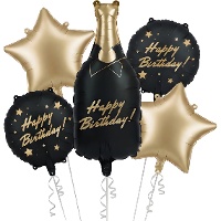 Ballonnenboeket met champagnefles en zwarte en gouden ballonnen - 5 stuks