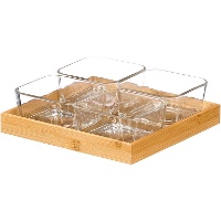 Set bamboe dienblad met 4 glazen schaaltjes voor borrelhapjes