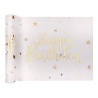 Witte 'Happy Birthday' tafelloper van 30 cm - 5 m