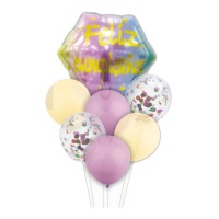 Hexagonale roze en gele Verjaardagsboeket - 7 stuks