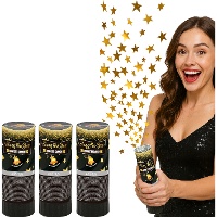Confettikanon van 10,5 cm met gouden sterren - 3 stuks