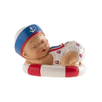 Taarttopper voor doop met slapende matrozenbaby met reddingsboei - 7 cm
