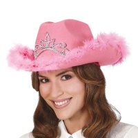 Roze cowgirlhoed met veren en zilveren kroon