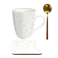 Mok 300 ml Gouden Sterren met lepel en onderzetter
