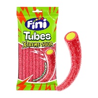 Rode snoeptubes met aardbeiensmaak, gevuld met meloen en bestrooid met zure suiker - Fini - 90 g