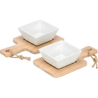 Set van 2 bamboe serveerplankjes met vierkante porseleinen schaaltjes - 2 stuks