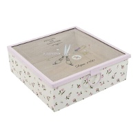 Houten naaidoos met transparant deksel met bloemen