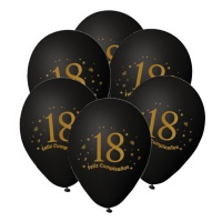 Zwarte latex ballonnen met gouden nummer 18 Gelukkige Verjaardag 23 cm - 6 stuks