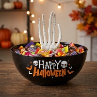Zwarte 'Happy Halloween'-schaal met skelethand, 25 cm