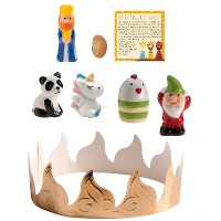 Set voor Roscón de Reyes: kroon, boon, koning, kaart en 4 figuren