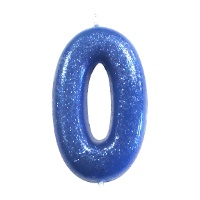 Cijferkaars 0 in blauw met glitters, 6,5 cm