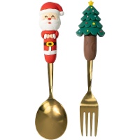 Kerstbestekset met vork en lepel, versierd met de Kerstman en een kerstboom