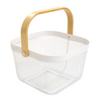 Fruitmand van 25 x 24,5 x 18 cm wit met houten handvat