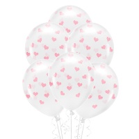Transparante latex ballonnen met hartjes 33 cm biologisch afbreekbaar - PartyDeco - 6 stuks