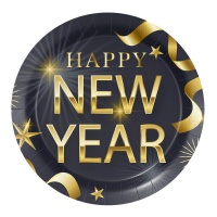 Zwarte en gouden 'Happy New Year' borden van 18 cm - 8 stuks