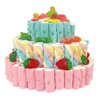 Drie verdiepingen blauwe en roze marshmallow snoeptaart van 595 gr