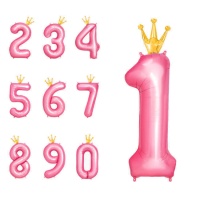 Roze nummerballon met gouden kroon van 110 cm - 1 stuk