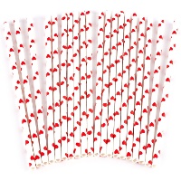 Witte papieren rietjes met rode hartjes - 20 stuks