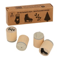 Houten stempels met winterse kerstontwerpen van 2 x 2 cm - 4 stuks