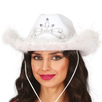 Witte cowgirlhoed met veren en zilveren kroon