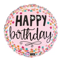 Roze ronde Happy Birthday ballon met gekleurde confetti van 35 cm - Grabo