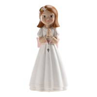Beeldje voor taart van Mijn Eerste Communie meisje met rozenkrans van 16 cm