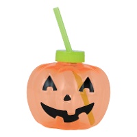 Pompoenbeker met rietje en led van 17 cm - 1 stuk