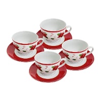 Kerst Poinsettia 220 ml kopjes met schotel - 4 stuks