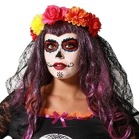 Hoofdband met veelkleurige bloemen en Catrina sluier