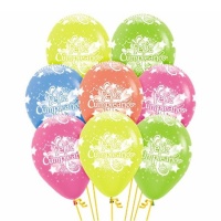 Neon multikleurige latex Happy Birthday ballonnen van 30 cm - Sempertex - 12 stuks
