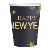 Zwarte en gouden 'Happy New Year' bekers van 200 ml - 8 stuks