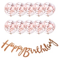 Kit van Happy Birthday ballonnen Rose Gold - Monkey Business - 9 stuks
