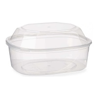 Rechthoekige plastic tupper van 1,5 L met bevestigde deksel