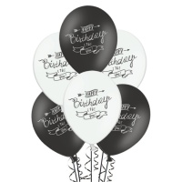 Zwart-wit pastelkleurige latex ballonnen met 'Happy Birthday' van 30 cm - PartyDeco - 50 stuks