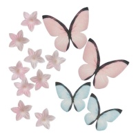 Roze en blauwe bloemen en vlinders mini wafeltjes - 13 st.