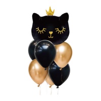 Boeket van zwarte en gouden kattenballonnen - 7 stuks