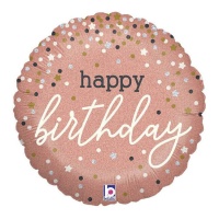 Roze ronde ballon met Happy Birthday-confetti van 35 cm - Grabo
