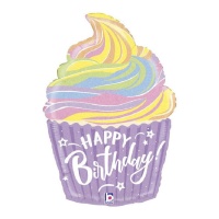 Pastelkleurige 'Happy Birthday' cupcake ballon van 69 cm - Grabo