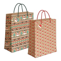Cadeauzak van 32 x 26 x 10 cm kraft met kerstfiguren - 1 stuk