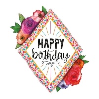 Happy Birthday ruitenballon met bloemen 52 x 64 cm - Grabo