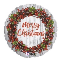 Ronde Merry Christmas ballon met kerstkrans van 46 cm - Grabo