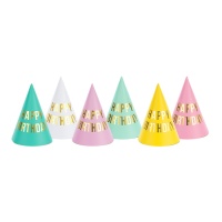 Verjaardagshoeden in assorti kleuren - 6 stuks