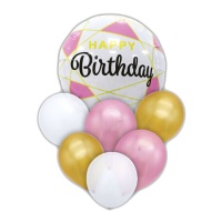 Boeket van Happy Birthday in roze en goud - 7 stuks