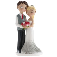 Bruiloftstaartfiguur van bruidspaar met een bos bloemen van 16 cm