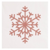 Witte servetten met metallic roségouden sneeuwvlok 12,5 x 12,5 cm - 30 stuks
