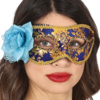 Marineblauw en gouden masker met blauwe roos