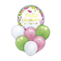 Verjaardagsboeket in groen en roze - 7 stuks