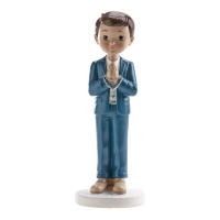Beeldje voor taart van Mijn Eerste Communie jongen met rozenkrans 16 cm